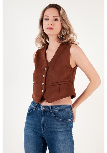 Lela Fitted Scuba Süet V Yaka Düğmeli Bayan Yelek 5865576 Taba