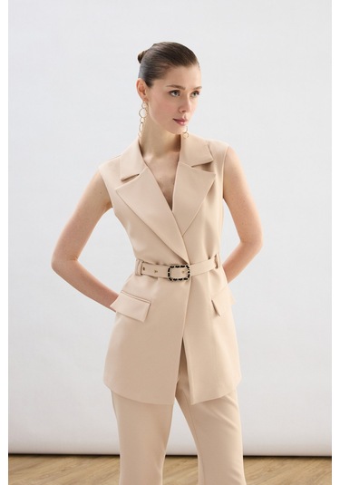 Sateen Kemer Detaylı Yelek - Bej-136848 Bej