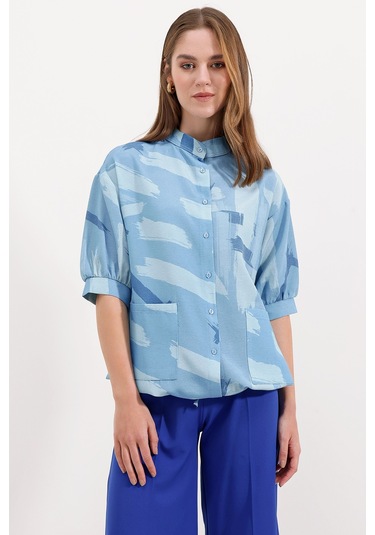 20226 Desenli Oversize Gömlek - Mavi 20226bgd19-008-14532 001
