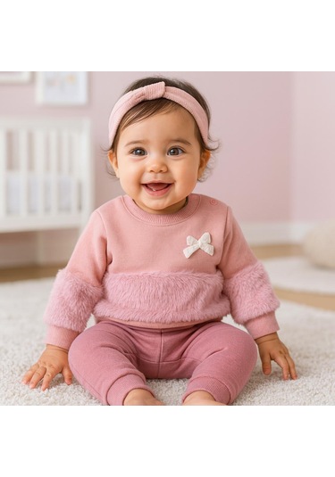 Kelebek Fiyonk Detaylı Belde Ve Kolda Peluş Detaylı Kışlık 2 Parça Takım Pembe