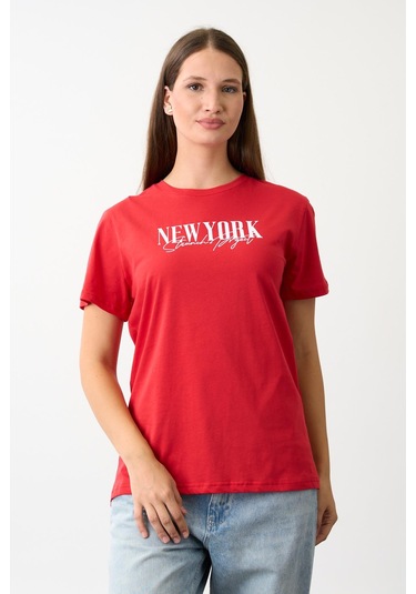 Alexandergardi Oversize Geniş Kalıp Bisiklet Yaka Baskılı T-shirt Kırmızı