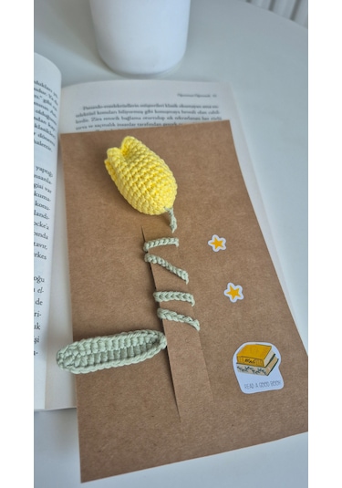 Sarı Lale Örgü Kitap Ayracı Amigurumi Kitap Aksesuarı