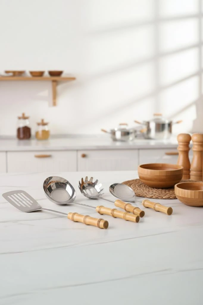 Bambum Mundo 4 Parça Bambu Saplı Çelik Mutfak Gereç Seti Çeyiz Seti Kaşık Kevgir Kepçe