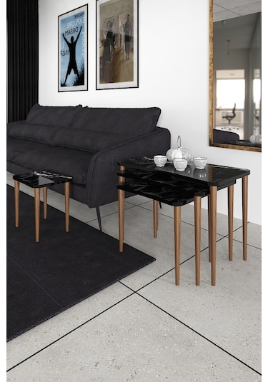 Selena 4Lü Zigon Sehpa Ahşap Ayaklı Salonseti Sehpası Siyah Mermer