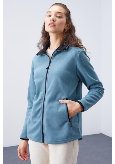 Tommy Life Mint Yeşili Dik Yaka Fermuarlı Rahat Form Kadın Polar Sweatshirt - 97173 Mint Yeşili