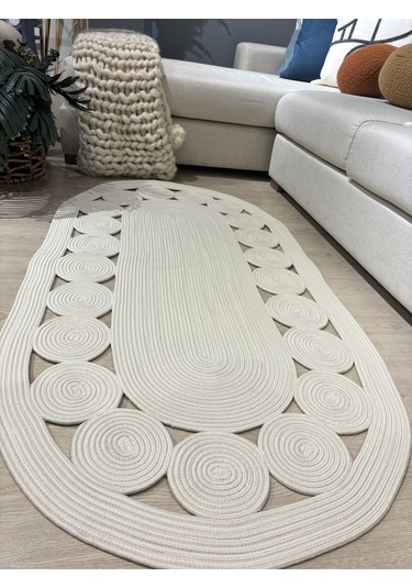 Krem Jüt Hasırlı El Örgüsü Kilim Beyaz