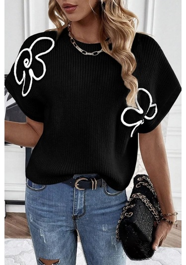 Kadın Çiçek Detaylı Triko Bluz Siyah