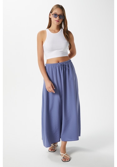 Kadın Trend Modal Serin Kumaş İndigo Bel Lastikli Cepli Rahat Kalıp Uzun Etek