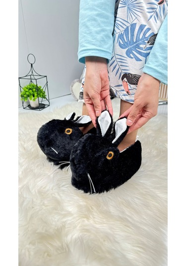 Kadın Panduf Tavşan Figürlü Peluş Ev Botu Desenli Düz Taban Rahat Hafif 359 Siyah