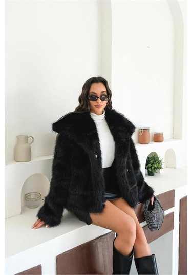 Neşeli Butik Kadın Siyah Astarlı Kürk Kaban Nbmylk32 Siyah
