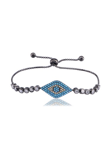 Turkuaz Taşlı Göz Desenli Rodium Kaplama Asansörlü Gümüş Bilekli