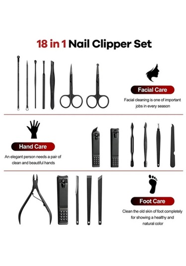 Gaman Profesyonel Paslanmaz Çelik Kutulu Manikür Pedikür Seti Siyah 18'li