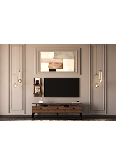 Gm 044 Neva 3 Kapaklı Ayaklı Duvar Raflı Tv Ünitesi Barok Ceviz
