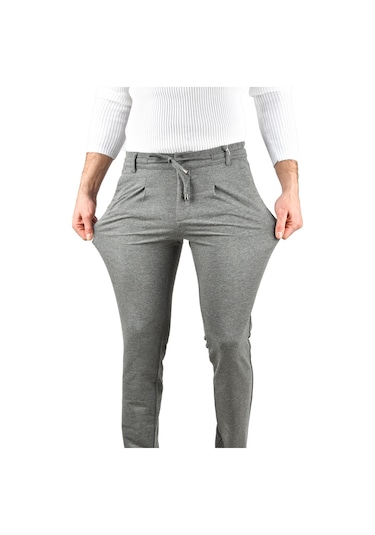 Deepsea Erkek Gri Beli Lastikli Slim Fit Likralı Duble Paça Penye Spor Pantolon 2502385 Gri