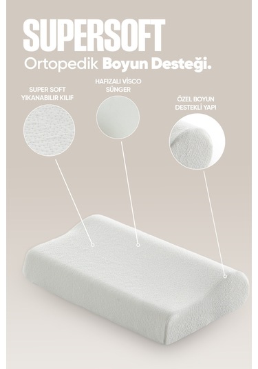Ortopedik Visko Yastık - Boyun Düzleşmesi İçin Tek Taraflı Visco Yastık Süper Soft Beyaz