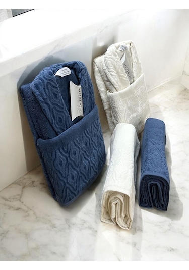 Banyo Çeyiz Seti, %100 Pamuk Bornoz Takımı, 8parça Aile Bornoz Seti, Havlu&havlu Seti Lacivert-krem Lacivert