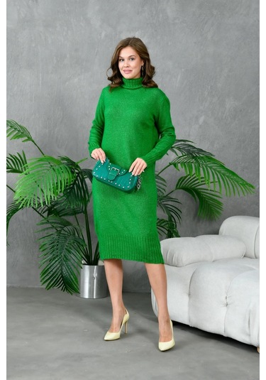 Kadın Balıkçı Yaka Kışlık Triko Elbise Yeşil