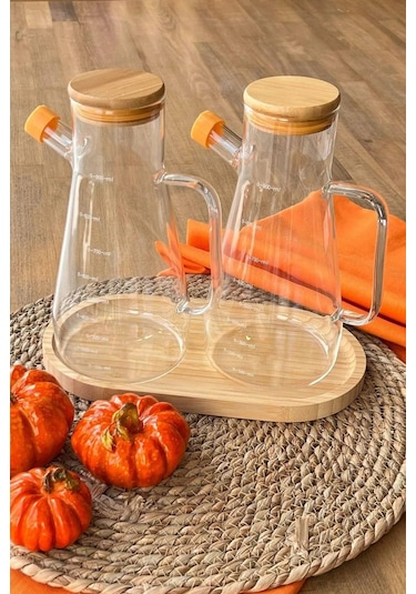 Kapris 2 Adet Bambu Kapaklı Borosilikat Cam Yağlık Sirkelik 900ml 16532