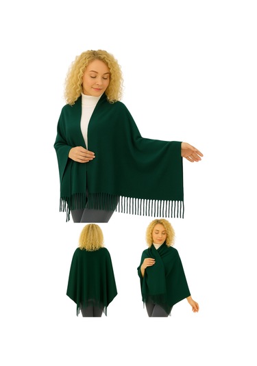 1 Adet Kadın Büyük Bedene Uygun Ekstra Yumuşak Dokulu Püskül Detaylı Kışlık Atkı Omuz Şalı Koyu Yeşil