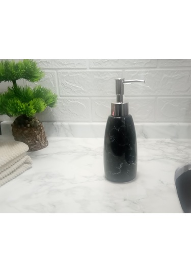 Mermer Desenli Siyah Sıvı Sabunluk 8x8x17cm 300ml Banyo Seti