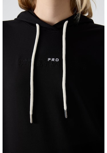 Tommy Life Siyah Kapüşonlu Kanguru Cep Oversize Lastik Paça Kadın Eşofman Takımı - 95288 Siyah