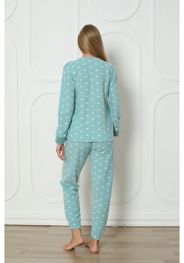 Fawn 3316 Peluş Welsoft Polar Kışlık Yumoş Kalpli Kadın Pijama Takımı Yeşil