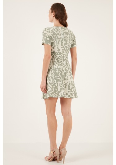 Lela Desenli Kruvaze Yaka Regular Fit Bayan Elbise 5865723 Olive