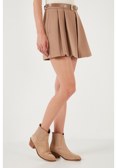 Lela Streç Standart Fit Pileli Kışlık Mini Bayan Şort Etek 611Sr00016 Taş