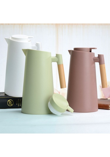 Hfambition 1 Litrelik Ahşap Saplı Çift Katmanlı Vakumlu Sıcak Soğuk Termos Kahve Sürahisi Yeşil