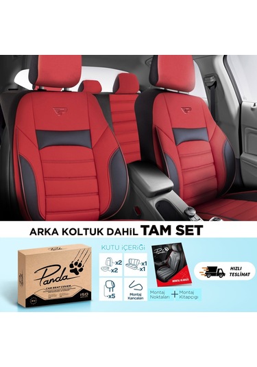 Panda Special Serisi Jakar Kumaş Oto Koltuk Kılıfı - Kırmızı - Siyah