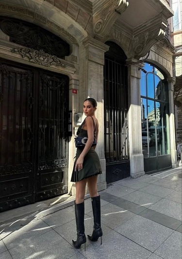 İki Parçalı Pileli Askılı Kadın Mini Elbise - Haki Haki