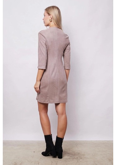 Kadın Kadife Likralı Yumuşak Dokulu Kruvaze Kapri Truvakar Kol Kolu Yırtmaçlı Ofis Ceket Elbise-bej Bej