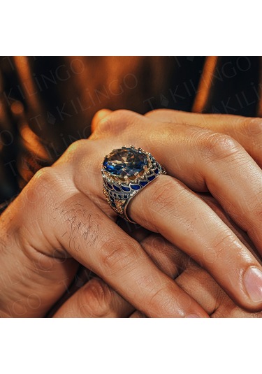 Takılingo 925 Ayar Gümüş Mavi Topaz Taşlı Zirkon Taş Detaylı Erkek Yüzük Gümüş