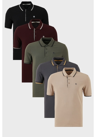 Buratti Pamuklu Slim Fit Şerit Detaylı Düğmeli Polo Yaka 5'Li Paket Erkek T Shirt 5902118S5 Siyah-Beyaz-Haki-Vişnebeyaz-Antrasitvizon