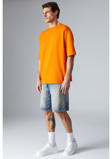 JOEL Erkek %100 Organik Pamuklu Kalın Kumaşlı Özel Dokulu Etiket Detaylı Oversize Turuncu T-Shirt
