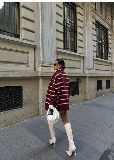 Lymens Rahatlık Ve Şıklıkta Sınır Tanımayan Çizgili Oversize Akrilik Hırka Bordo