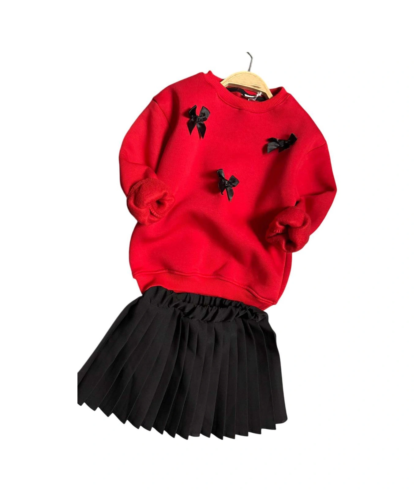 Riccotarz Kız Çocuk Kurdela Detaylı 3 İplik Kazak Pileli Siyah Etekli Takım Siyah