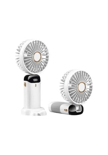 Pazly Beyaz Led Ekranlı Mini Fan: 5 Hız Seviyesi, 90 Katlanabilir, Telefon Tutucu, Askılı, Li-poly Batarya