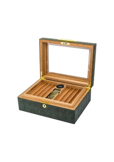 Lubinski Deri Camlı Humidor Puro Kutusu Yeşil 50s