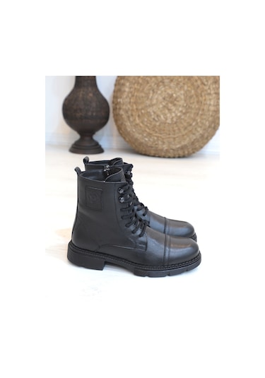 Konfores 1418 Anatomik Tabanlı Hakiki Deri Fermuarlı Erkek Spor B Siyah