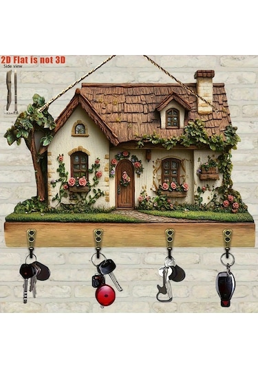 Elmpaly A 2d Düz Fonksiyonel Ahşap Anahtarlık 4 Metal Kancalı Duvar Dekoru Koridor Oda Köşk Dört Mevsim