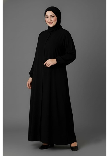 Medine İpeği Mevlana Kesim Cepli Kuşaklı Bol Büyük Beden Ferace Siyah