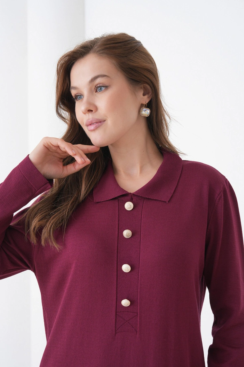 Kadın Uzun Kol Gömlek Yaka Triko Önden Düğmeli Triko Spor Şık Elbise Bordo