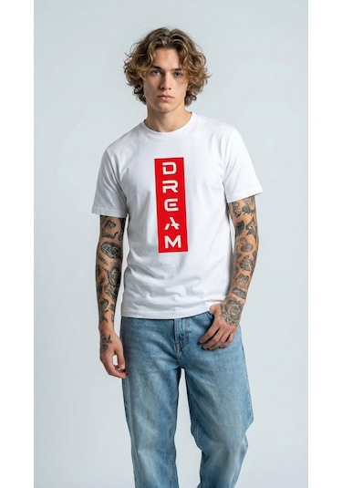Unisex Düz Renk Dream Dijital Baskılı Bisiklet Yaka Basic Tişört Beyaz