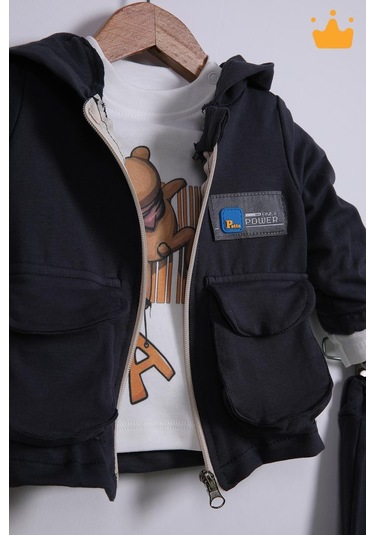 Babyhola 3'lü Kapüşonlu Hırka Badi Pantolon Erkek Bebek Çocuk Alt Üst Takım 001