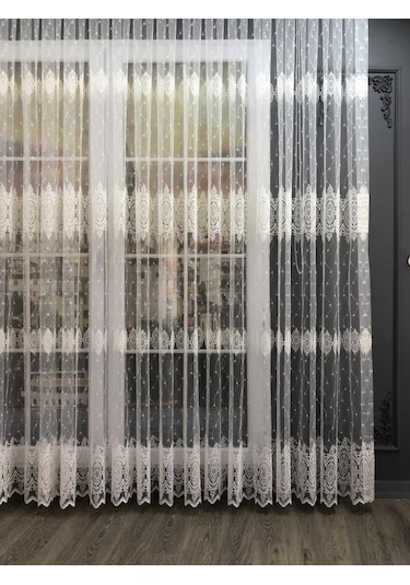 Tül Perde Çerçeve Desen Brillant Marka Sedef Sim Brode Işleme Ekru