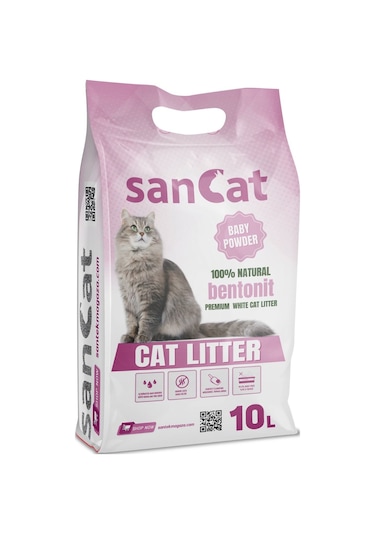 Sancat Premium Bebek Pudrası Kokulu Topaklaşan Beyaz Bentonit Kedi Kumu 10 L