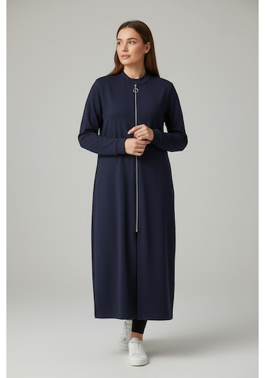 Kadın Önü Fermuarlı Kolu Manşetli Gizli Cepli Mevsimlik Kap Lacivert