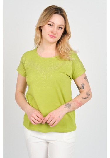 Ella Camelia Kadın Düşük Kollu Taş Süsleme Detaylı Bisiklet Yaka Bluz 24e116 Açık Yeşil Açık Yeşil