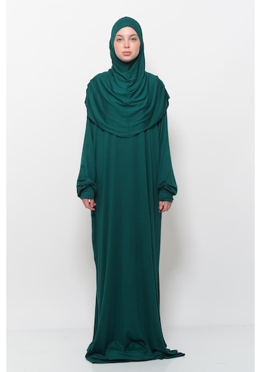 Pratik Tek Parça Pamuklu Yarasa Kollu Tak Çıkar Başörtülü Tesettür Namaz Elbisesi Yeşil Çok Renkli